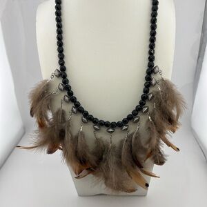 Black Faceted Glass Beaded Necklace with Feather Accents Southwestern